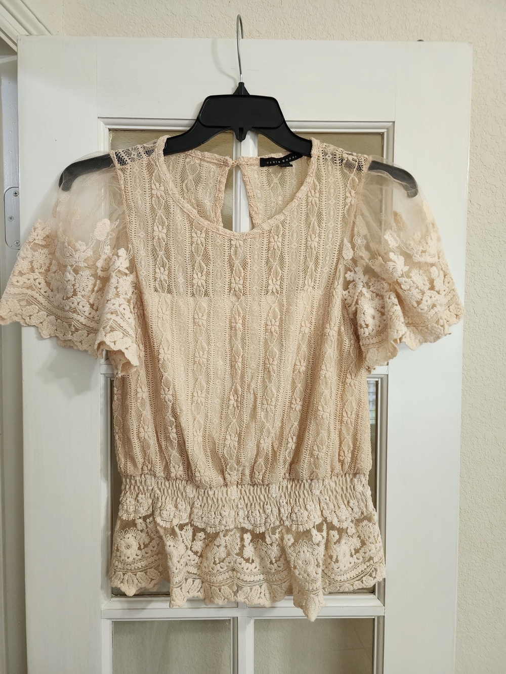 Haute Monde Lace Peplum Boho Blouse Mesh Embroidered Flutter Sleeve Top Large